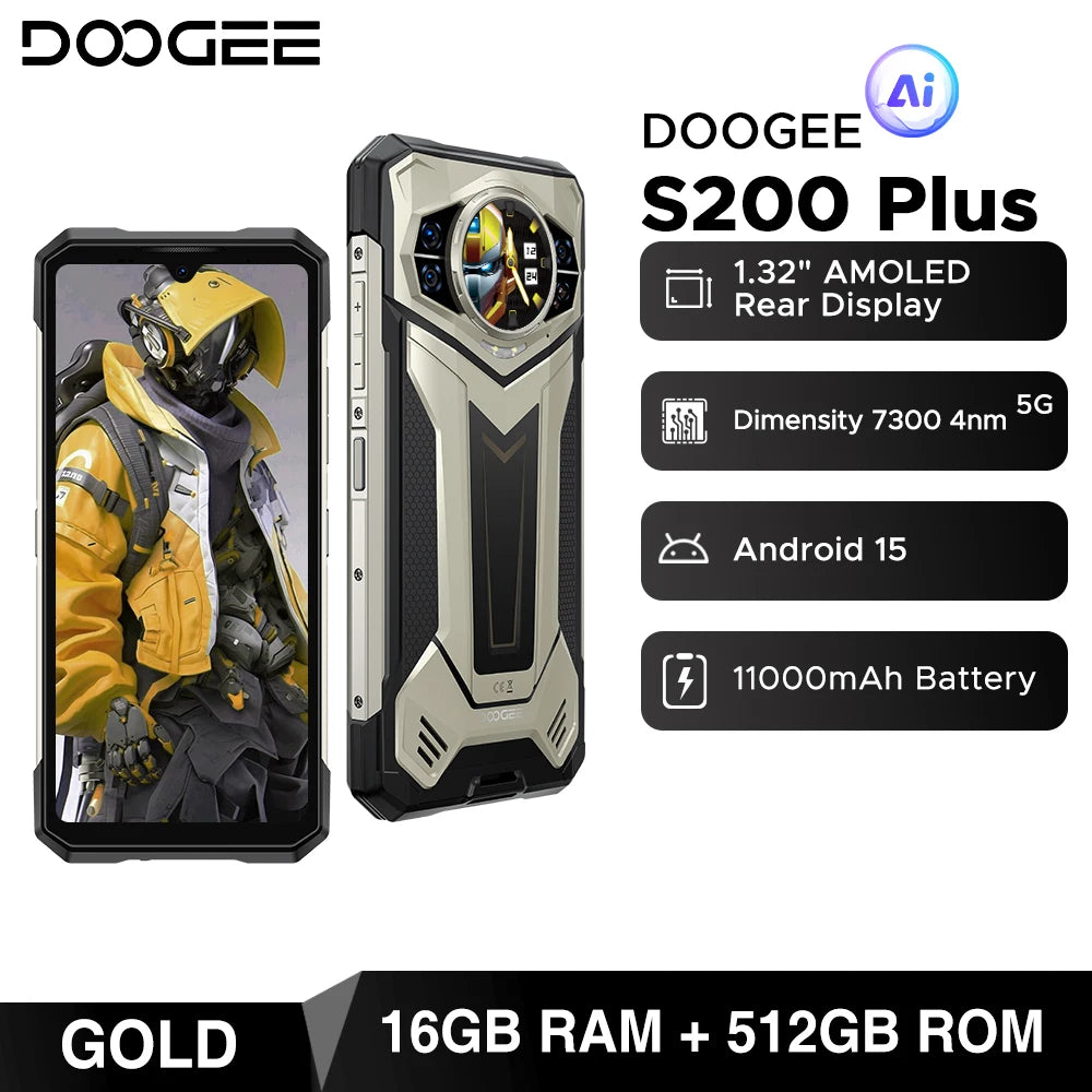 DOOGEE S200 Plus 5G Rugged Phone 1.32" Rear Display AI Image 6.72'' Screen 16GB 512GB 11000 mAh Battery Android 15 Smartphone