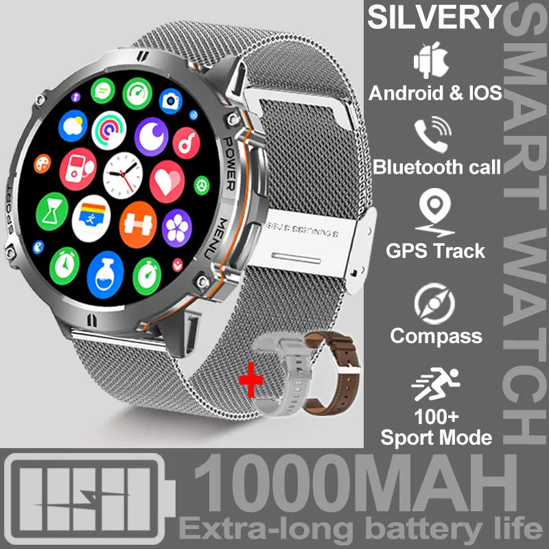 NEW 1000MAH Super endurance Sport Smart Watch Men 1.73-inch HD Screen GPS tracker Compass Bluetooth Call Waterproof Smart Watch