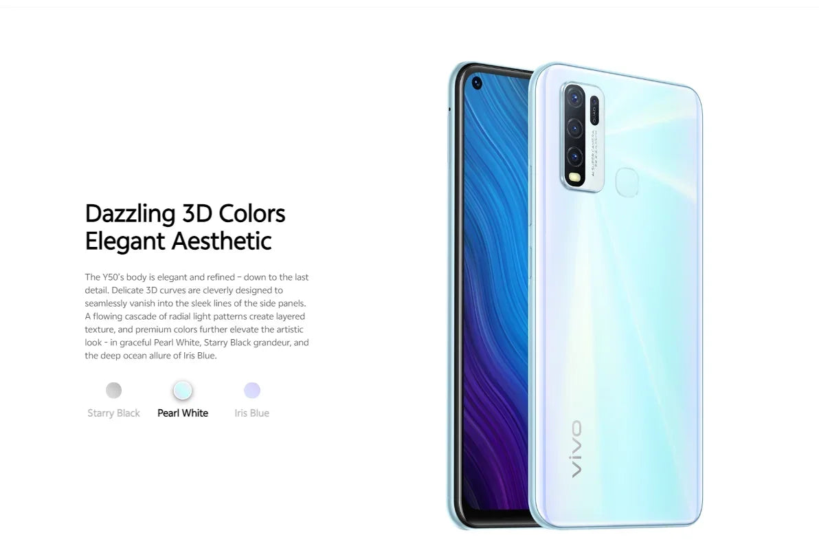 Original VIVO Y50 8GB 128GB 5000mAh 4G Smartphone 6.51inch 2340x1080px CPU Snapdragon 13MP + 16MP 4 Cameras Android