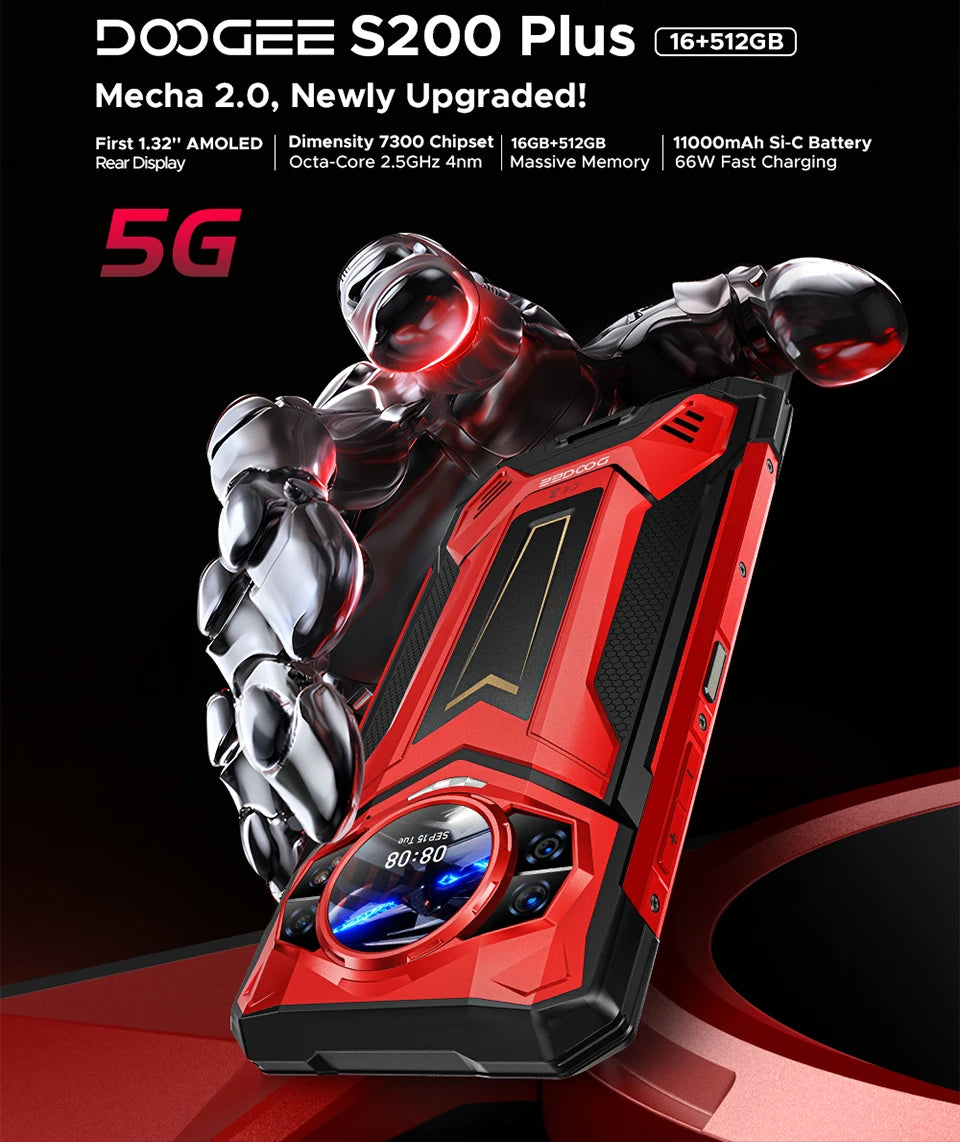 DOOGEE S200 Plus 5G Rugged Phone 1.32" Rear Display AI Image 6.72'' Screen 16GB 512GB 11000 mAh Battery Android 15 Smartphone