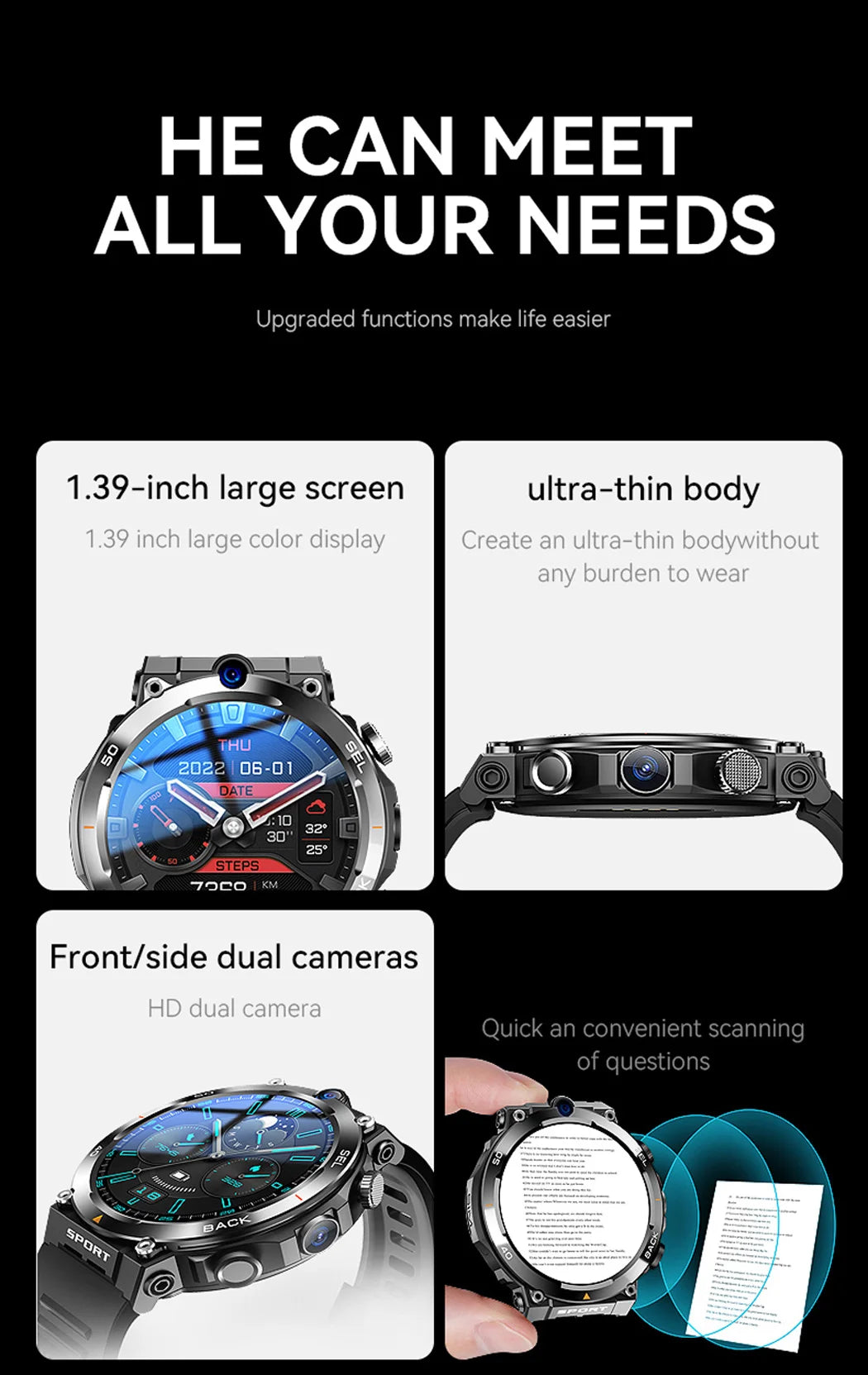 4G LTE Smart Watch 2025 Android os GPS Video Voice Wi-Fi Call Messaging HD Dual Cameras 4G Sim Card Call WIFI Men's SmartWatch