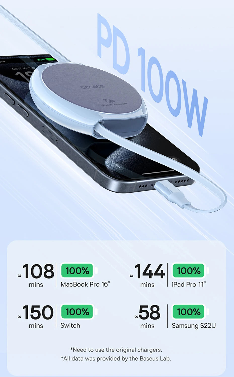 Baseus USB C Cable 100W  for iPhone 16 15 Plus Pro Max Retractable Cable For MacBook iPad Fast Charger Cable Charger Data Wire