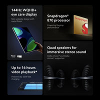 New Xiaomi Pad 6 Global Version 11-inch 144Hz WQHD+ 128GB / 256GB ROM Snapdragon 870 Tablet 8840 mAh 33W Charging