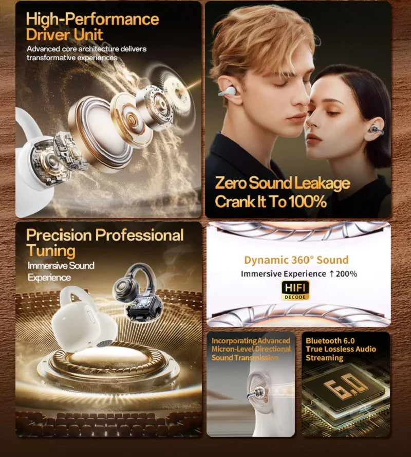 Ear Clip Earbuds 6th Gen Bluetooth 6.0 Headphones Surround Sound Earphone Touch Control Wireless Headset Noise Reduction HD Call