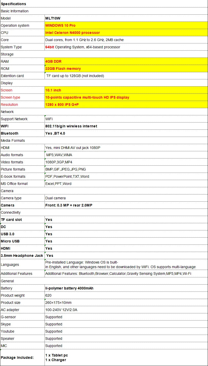 10.1 Mini 64 Bit Tablet PC Sales Mlt10w 4GBDDR RAM 32GB ROM Windows 10 USB 3.0 Intel Celeron N4000 1280 x 800 IPS G+P Dual Core