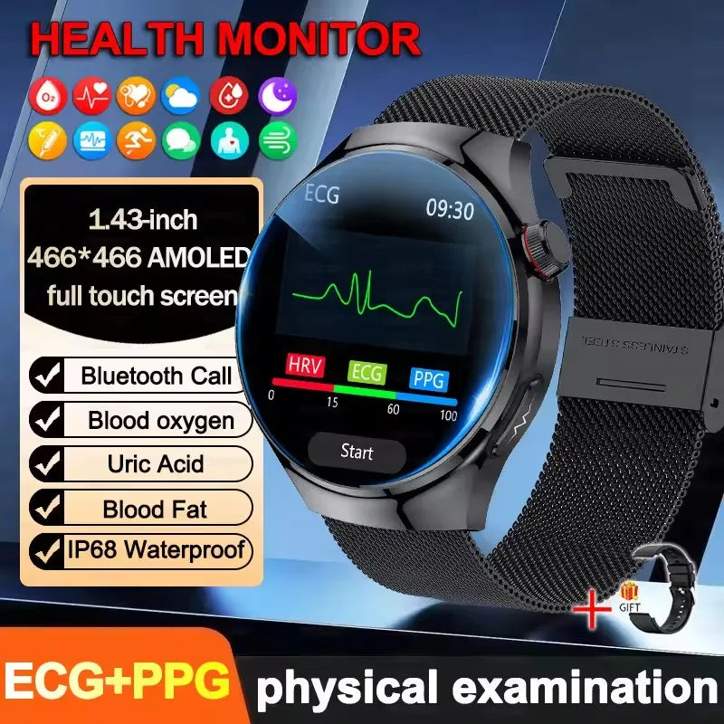2025 New ECG Blood Pressure Blood Oxygen Blood Lipids Uric Acid Heart Rate Temperature Monitor AMOLED Bluetooth Call Smart Watch
