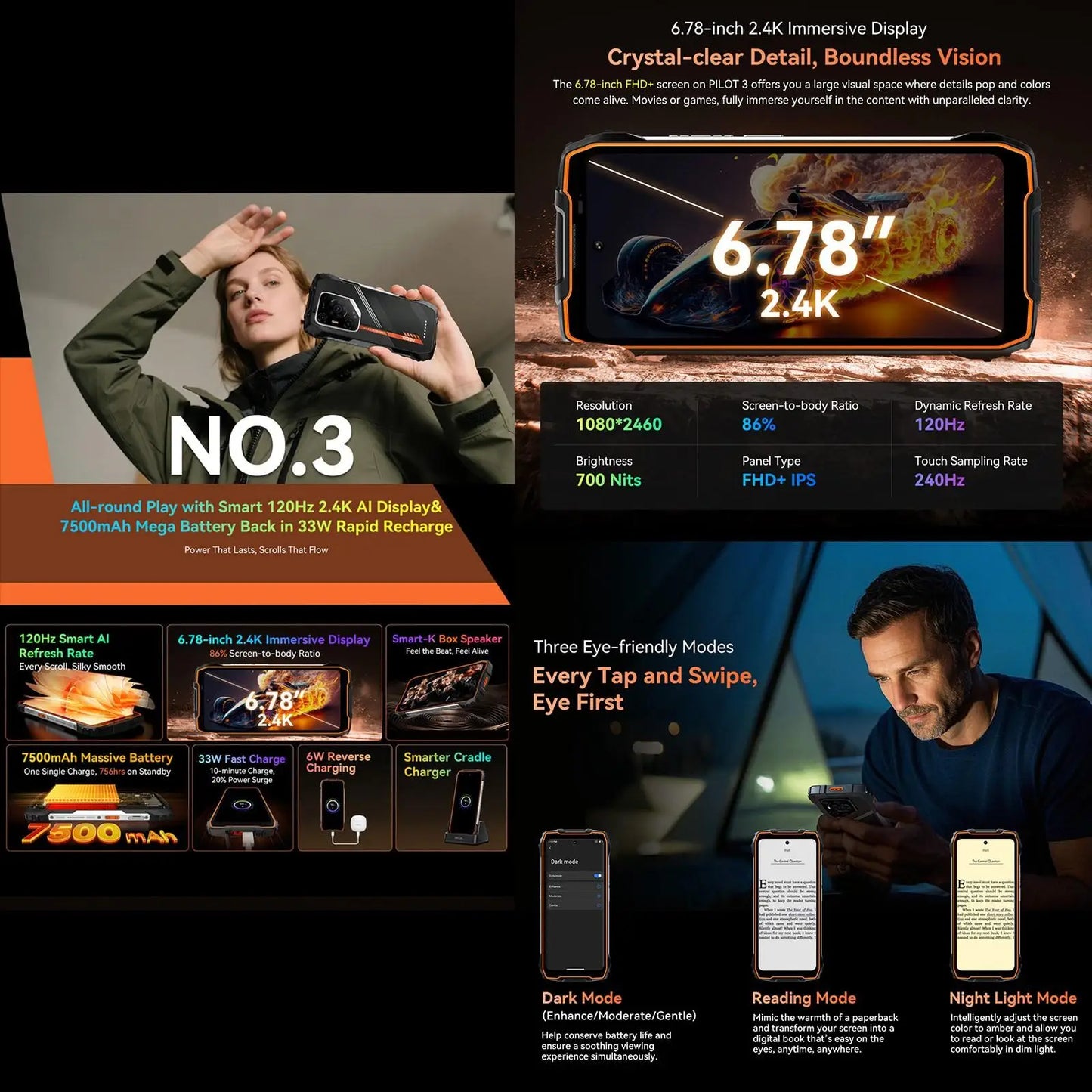 Blackview Oscal Pilot 3 5G AI Rugged Phone 12GB+256GB 6.78" 2.4K Display 7500Amh Battery Android 15 MTK 6300 5G NFC Smartphone