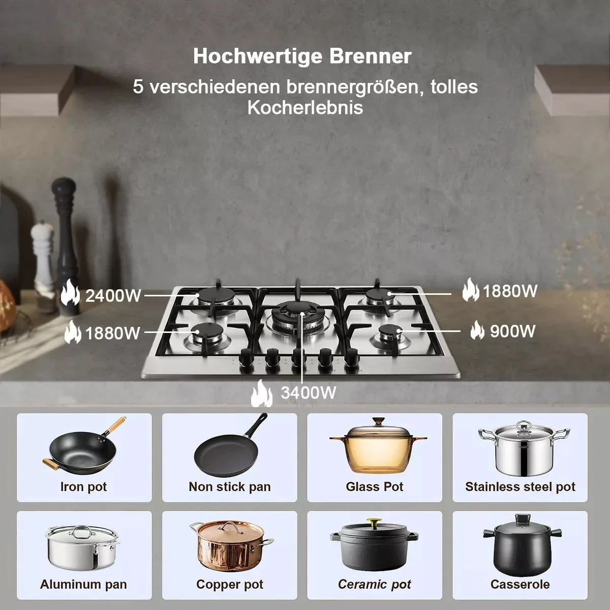 Topstrong 5 Burner Stainless Built-in Natural Gas Propane NG/LPG Gas Hob YYEUGCT-S05