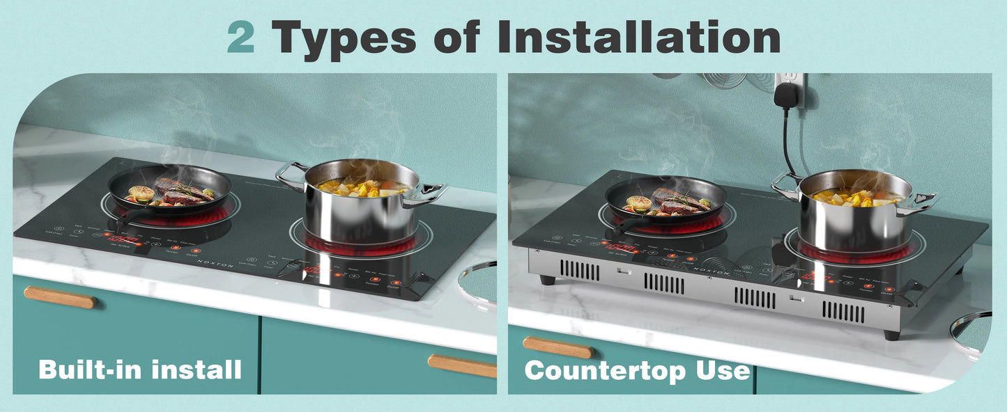Noxton 2 Burners Electric Cooktop, 24" Built-in & Countertop Stove, Two Burner Ceramic Cooktop, Portable 110V Plug-in Cooktop