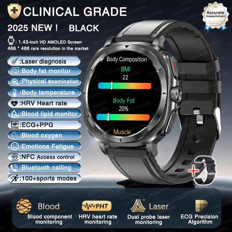 2025 New Precise Blood Lipids Uric Acid Smart Watch Men ECG+PPG Clock Blood pressure Body analysis HD Call NFC Health Smartwatch