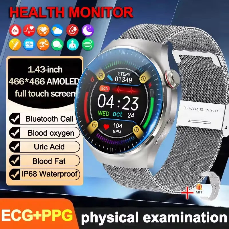 2025 New ECG Blood Pressure Blood Oxygen Blood Lipids Uric Acid Heart Rate Temperature Monitor AMOLED Bluetooth Call Smart Watch