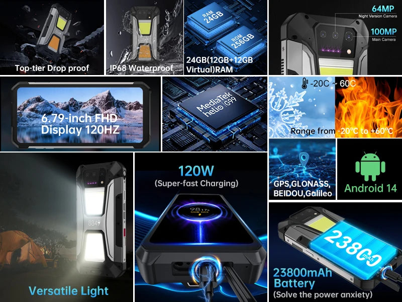 Unihertz 8849 tank 2 Pro rugged phone Android 14 24GB 512GB with 23800mAh battery superior projection 6.79 "FHD waterproof phone