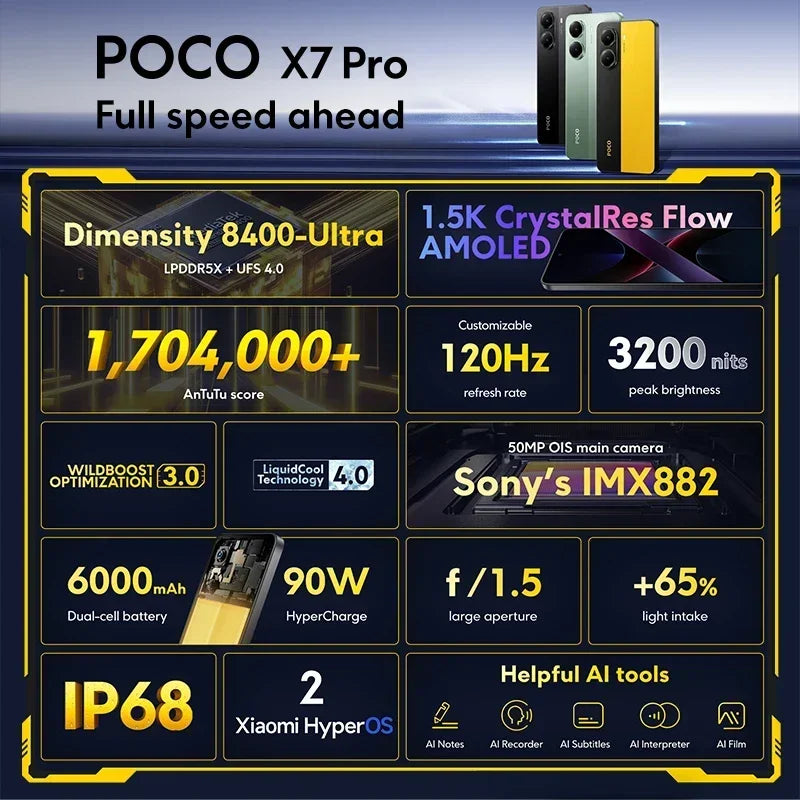 POCO X7 Pro Global Version Smartphone Dimensity 8400-Ultra 6.67"1.5K Display 6000mAh battery 90W Charge 5G NFC