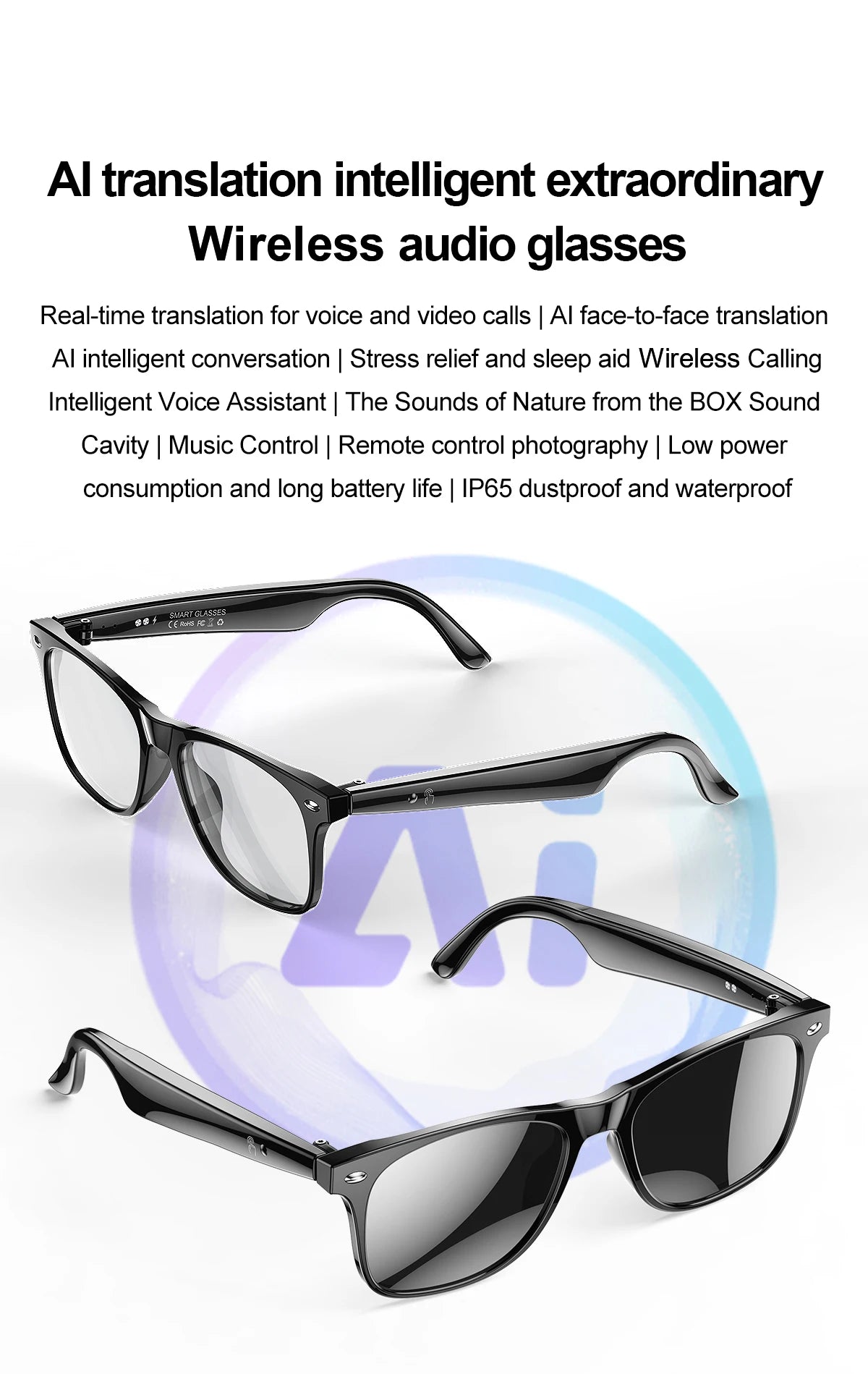 W100 Smart Glasses 163 Online Language AI Automatic Dialogue Translation Bluetooth Glasses with Speaker Sports UV Protection New
