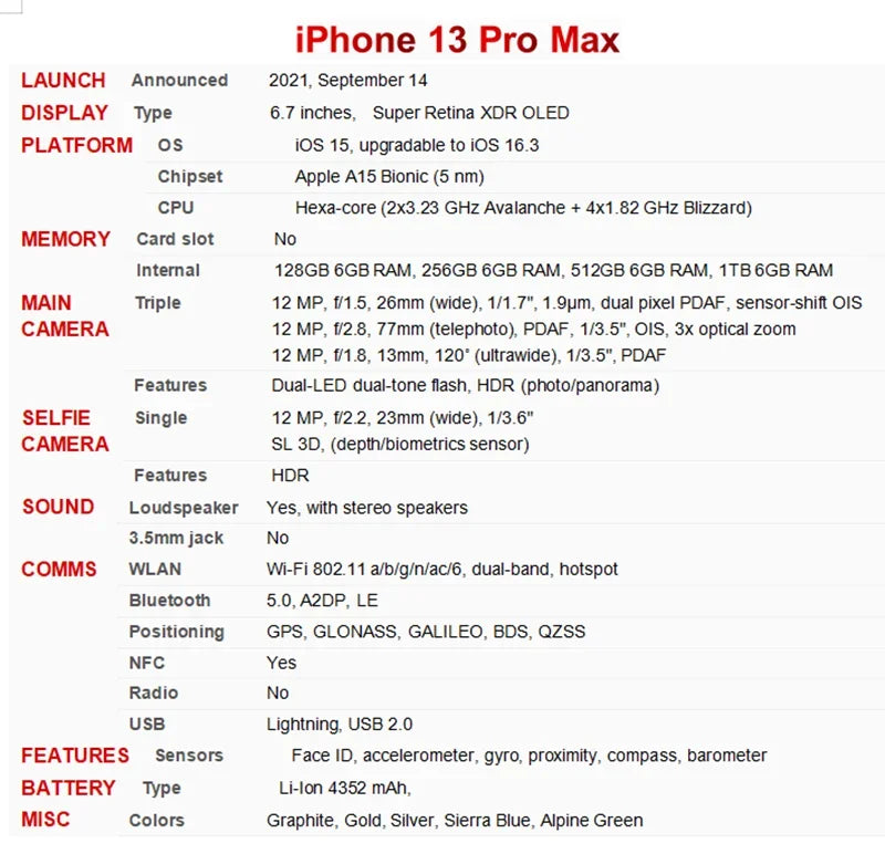 Original Unlocked iPhone 13 Pro Max 6.7" Super Retina OLED 128GB 256GB ROM 6GB RAM A15 IOS Face ID NFC 5G LTE Mobile Phone