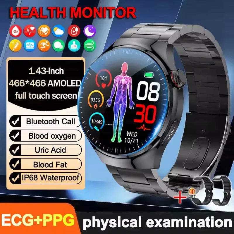 2025 New ECG Blood Pressure Blood Oxygen Blood Lipids Uric Acid Heart Rate Temperature Monitor AMOLED Bluetooth Call Smart Watch