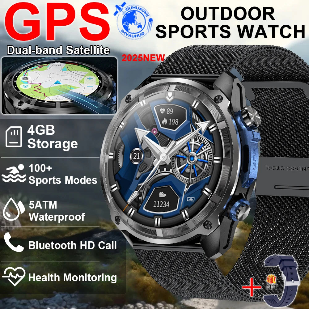 2025 New Military Sport GPS 4GB Memory Smartwatch Men 5ATM Waterproof Fitness Tracker Offline Maps 860Mah Battery Smart Bracelet