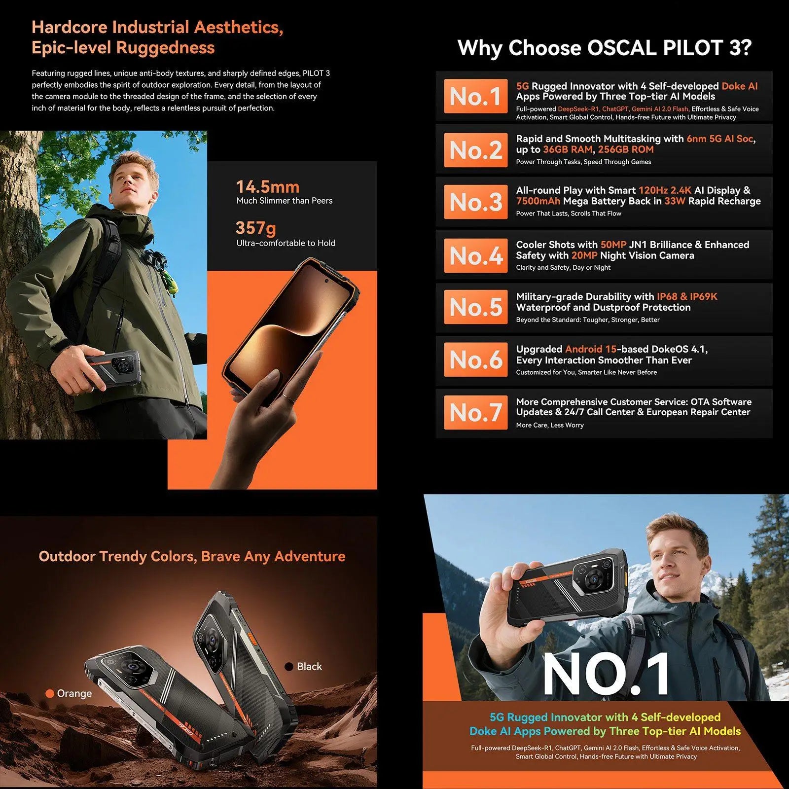 Blackview Oscal Pilot 3 5G AI Rugged Phone 12GB+256GB 6.78" 2.4K Display 7500Amh Battery Android 15 MTK 6300 5G NFC Smartphone