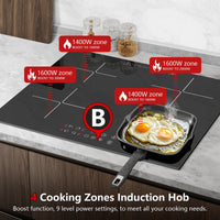 Induction Hob 4 Plates Built-in Electric Cooktop 60cm Booster Touch Control 6000W 9 Power Levels 1-99Minute Timer Child Lock