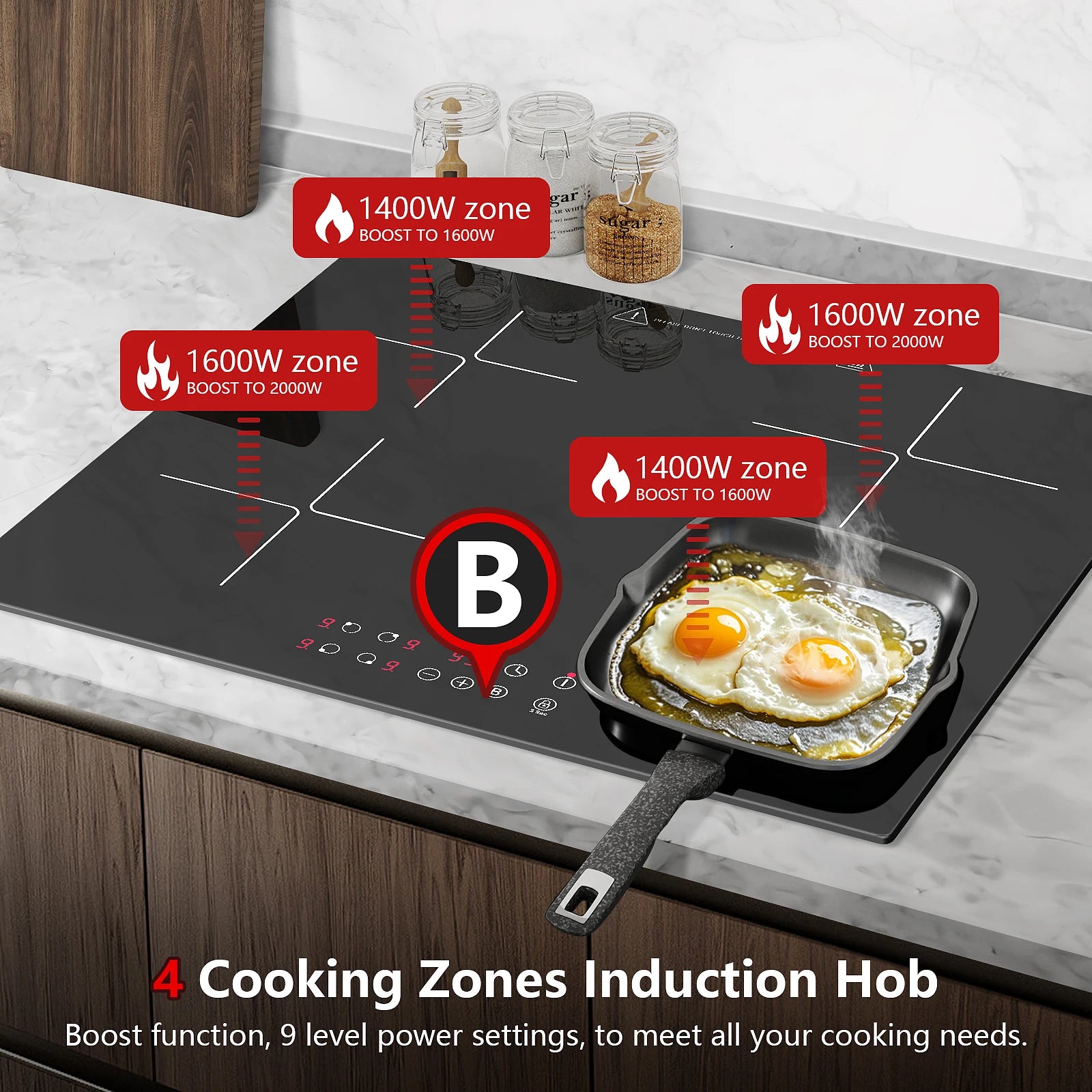 Induction Hob 4 Plates Built-in Electric Cooktop 60cm Booster Touch Control 6000W 9 Power Levels 1-99Minute Timer Child Lock