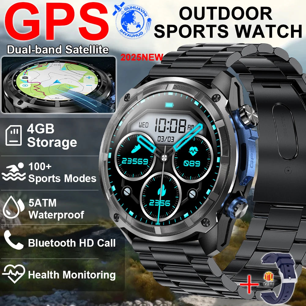 2025 New Military Sport GPS 4GB Memory Smartwatch Men 5ATM Waterproof Fitness Tracker Offline Maps 860Mah Battery Smart Bracelet
