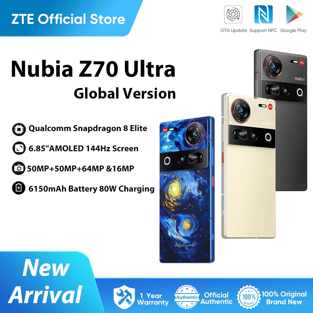New Nubia Z70 Ultra Global Version 6.85"AMOLED 144Hz Screen Snapdragon 8 Elite Android 15 6150mAh Battery 80W Charging NFC  IP69
