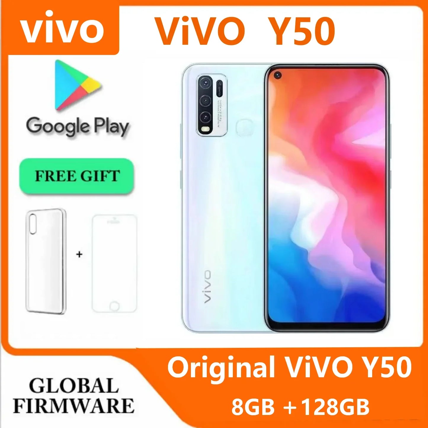 Original VIVO Y50 8GB 128GB 5000mAh 4G Smartphone 6.51inch 2340x1080px CPU Snapdragon 13MP + 16MP 4 Cameras Android