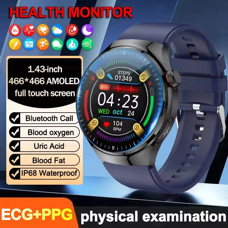 2025 New ECG Blood Pressure Blood Oxygen Blood Lipids Uric Acid Heart Rate Temperature Monitor AMOLED Bluetooth Call Smart Watch