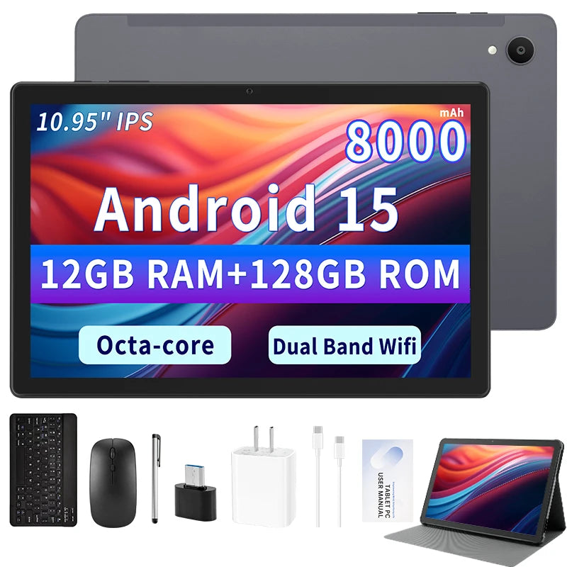 ANRY 10.95-inch HD Display Tablet Android 15 12GB RAM 128 ROM 2.4G/5G WiFi T606 Octa-Code 8000mAh Android Tablets with Case