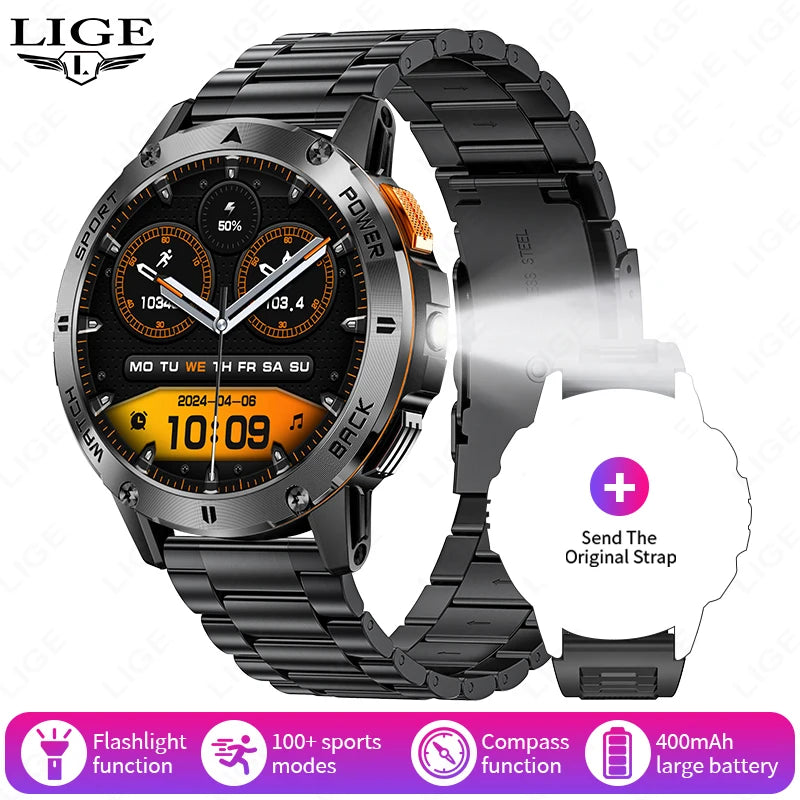 LIGE Outdoor Military Smart Watch Men 1.53" AMOLED Screen GPS trackr Waterproof Bluetooth Call Sports Braceletes For Android IOS